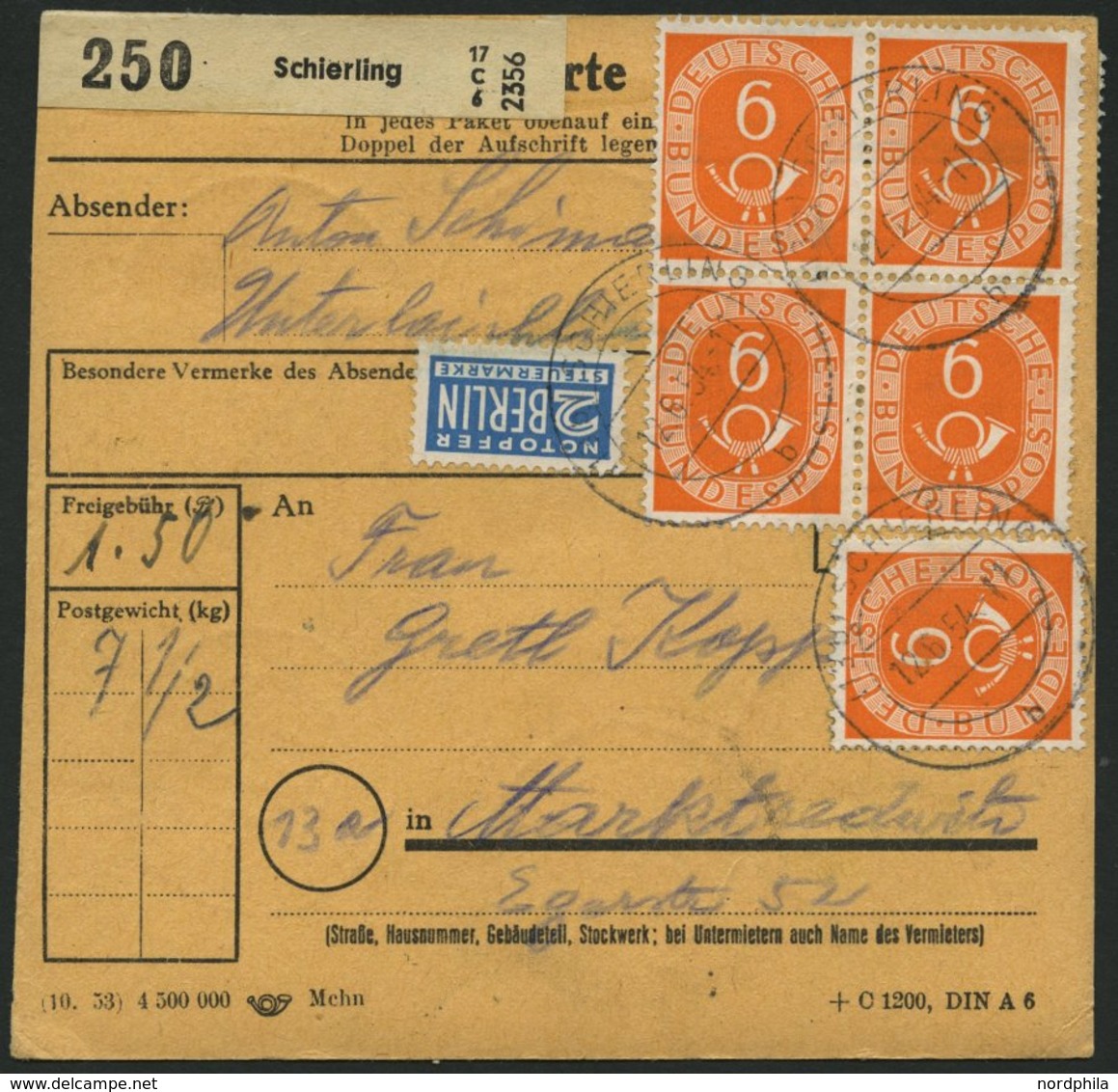 BUNDESREPUBLIK 126 BRIEF, 1954, 6 Pf. Posthorn, 25x Als Seltene Mehrfachfrankatur Vorder- Und Rückseitig Auf Paketkarte, - Oblitérés