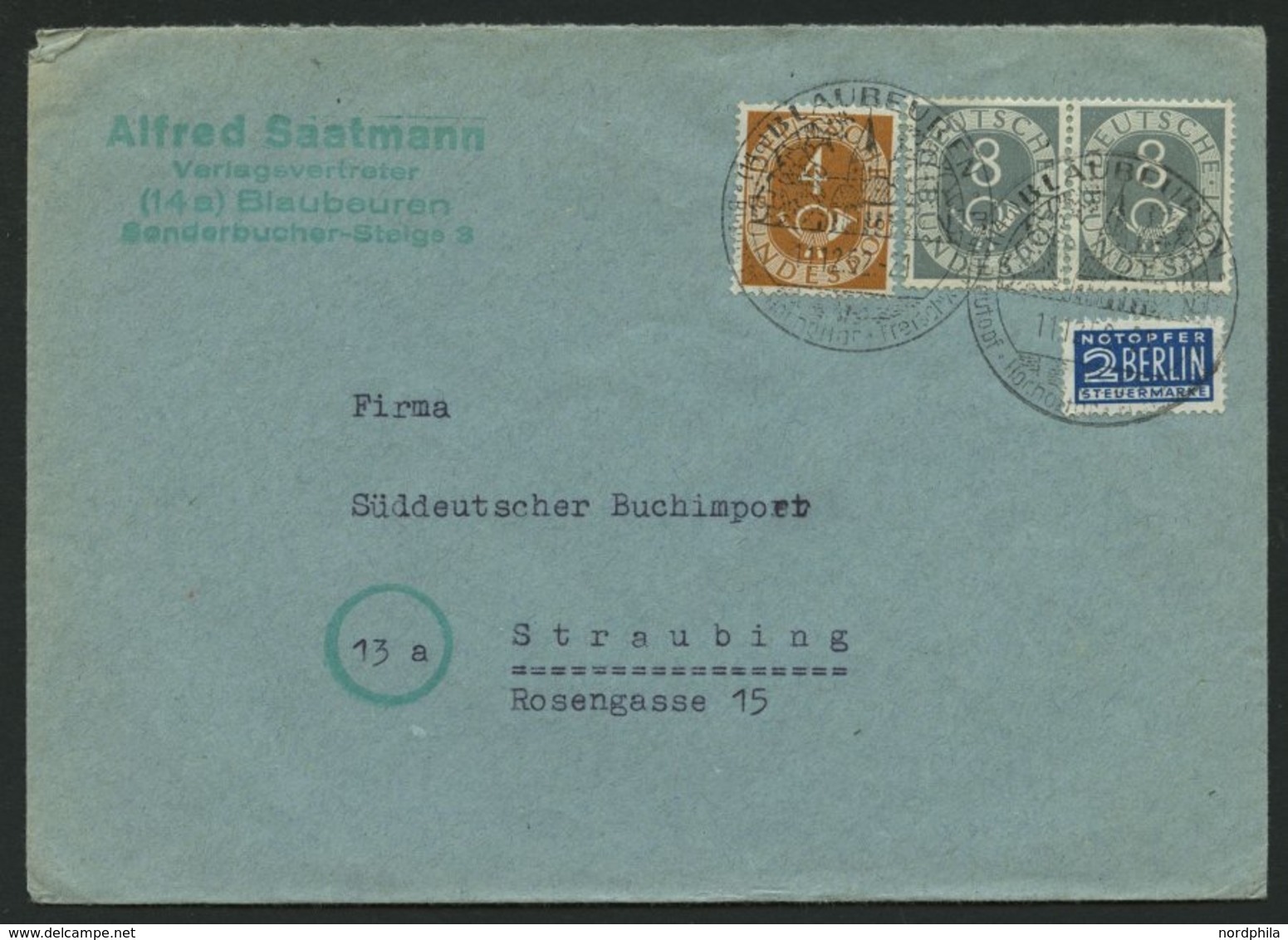 BUNDESREPUBLIK 127 Paar BRIEF, 1952, 8 Pf. Posthorn Im Waagerechten Paar Mit 4 Pf. Zusatzfrankatur Auf Prachtbrief - Oblitérés