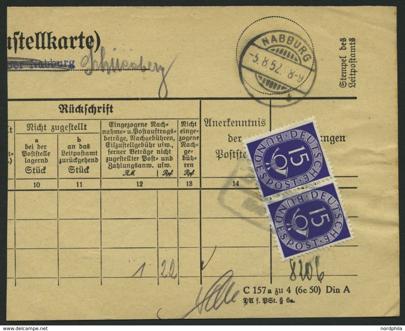 BUNDESREPUBLIK 129 Paar BrfStk, 1952, 15 Pf. Posthorn Im Waagerechten Paar (rechte Marke Abart 129I) Auf Zustellkarte (n - Oblitérés