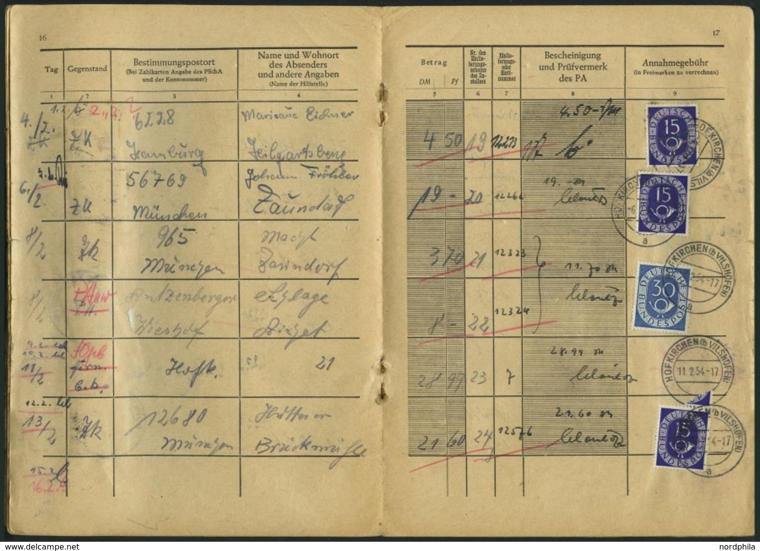 BUNDESREPUBLIK 129 BRIEF, 1953/4, Annahmebuch (Land), Zustellbezirk Nr. 2 In Hofkirchen, 32 Seiten Komplett, Die Gebühr  - Oblitérés