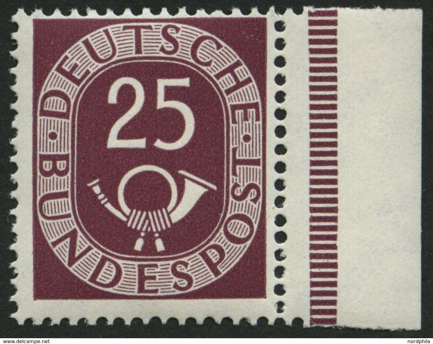 BUNDESREPUBLIK 131 **, 1951, 25 Pf. Posthorn, Rechtes Randstück, Pracht, Mi. 100.- - Gebraucht