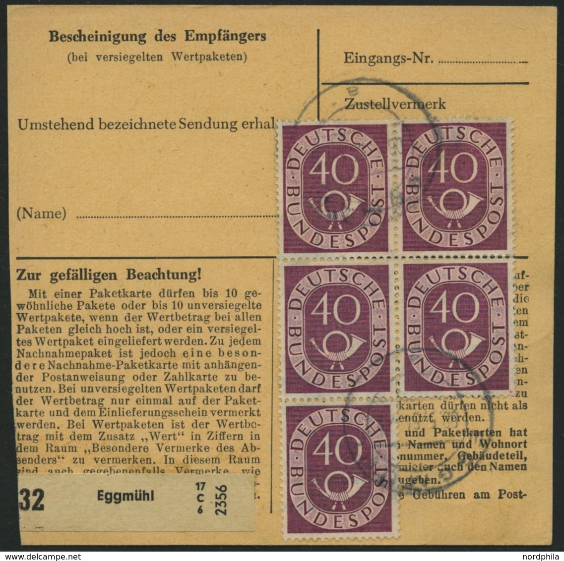 BUNDESREPUBLIK 133 BRIEF, 1954, 40 Pf. Posthorn Im Fünferblock Rückseitig Mit 20 Pf. Zusatzfrankatur Auf Paketkarte Aus  - Usati