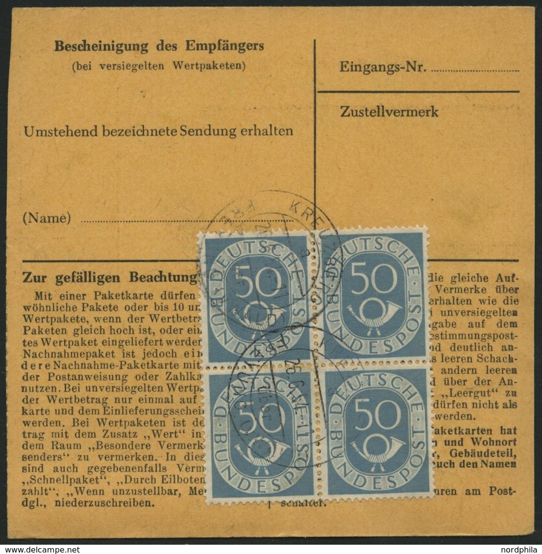 BUNDESREPUBLIK 134 VB BRIEF, 1954, 50 Pf. Posthorn Im Viererblock Rückseitig Mit 20 Pf. Zusatzfrankatur Auf Paketkarte A - Oblitérés