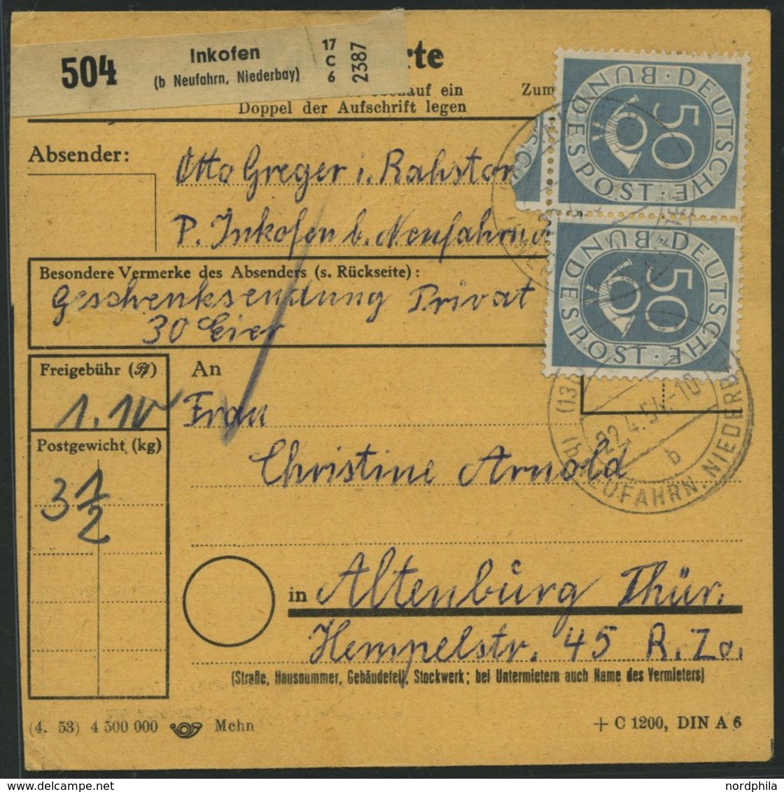 BUNDESREPUBLIK 134 Paar BRIEF, 1954, 50 Pf. Posthorn Im Waagerechten Paar Mit 10 Pf. Zusatzfrankatur Auf Paketkarte Aus  - Used Stamps