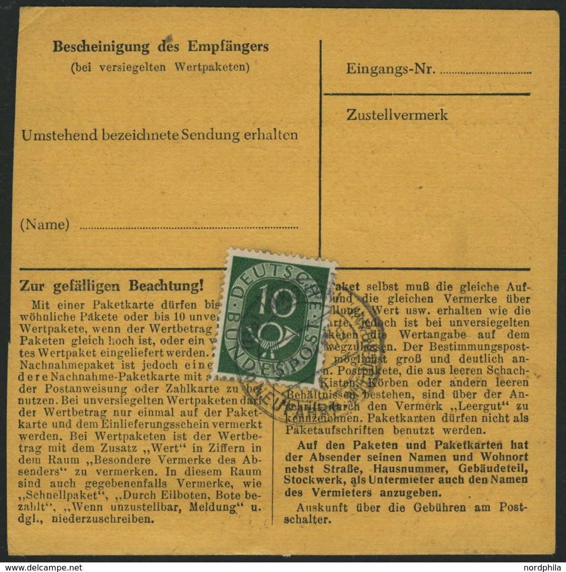 BUNDESREPUBLIK 134 Paar BRIEF, 1954, 50 Pf. Posthorn Im Waagerechten Paar Mit 10 Pf. Zusatzfrankatur Auf Paketkarte Aus  - Gebraucht