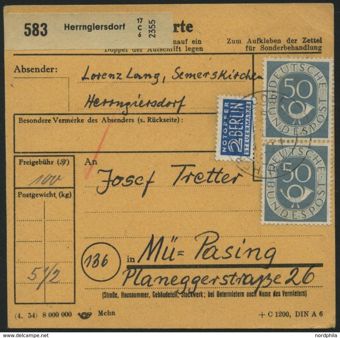 BUNDESREPUBLIK 134 Paar BRIEF, 1954, 50 Pf. Posthorn Im Senkrechten Paar Als Mehrfachfrankatur Auf Paketkarte Aus HERRNG - Used Stamps