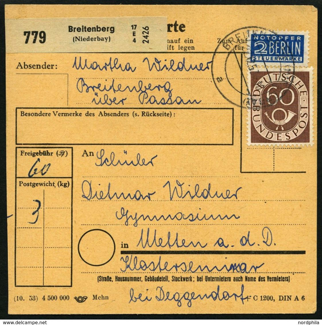 BUNDESREPUBLIK 135 BRIEF, 1954, 60 Pf. Posthorn, 20x Als Einzelfrankatur Auf Paketkarte, Aus Verschiedenen Niederbayrisc - Used Stamps