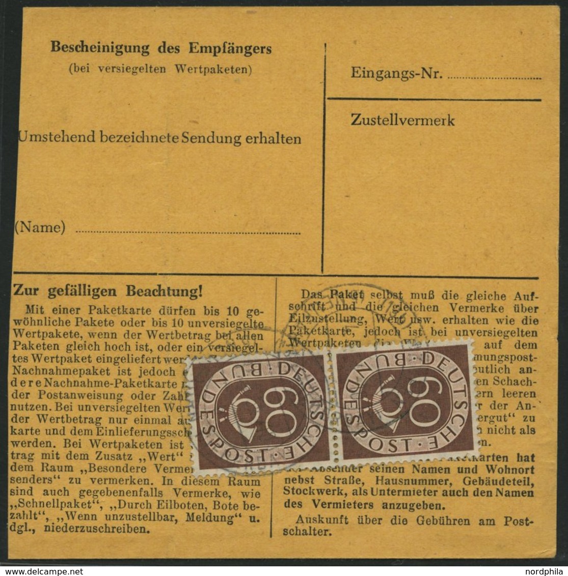 BUNDESREPUBLIK 135 BRIEF, 1954, 60 Pf. Posthorn, 2x Als Mehrfachfrankatur Rückseitig Auf Paketkarte Aus INKOFEN, üblich  - Oblitérés