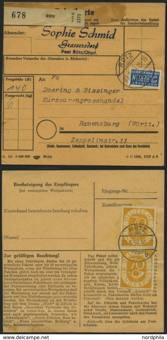 BUNDESREPUBLIK 136 Paar BRIEF, 1954, 70 Pf. Posthorn Im Senkrechten Paar Als Mehrfachfrankatur Rückseitig Auf Paketkarte - Oblitérés