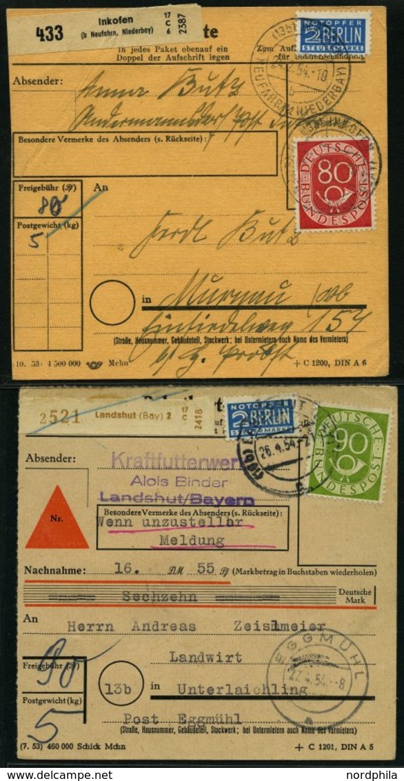 BUNDESREPUBLIK 137/8 BRIEF, 1954, 80 Und 90 Pf. Posthorn, Je Als Einzelfrankatur Auf Paketkarte, üblich Gezähnt Pracht - Used Stamps