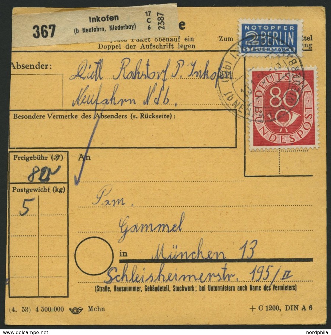 BUNDESREPUBLIK 137VIII BRIEF, 1954, 80 Pf. Posthorn Mit Abart Roter Strich Zwischen S Und P In Bundespost, Als Einzelfra - Usati