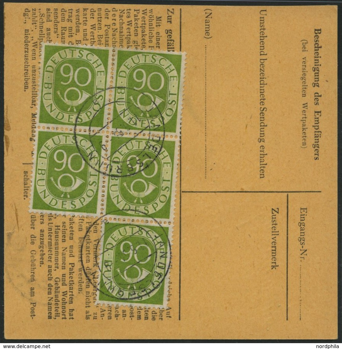 BUNDESREPUBLIK 138 BRIEF, 1954, 90 Pf. Posthorn Im Fünferblock Rückseitig Mit 20 Pf. Zusatzfrankatur Auf Paketkarte Aus  - Used Stamps