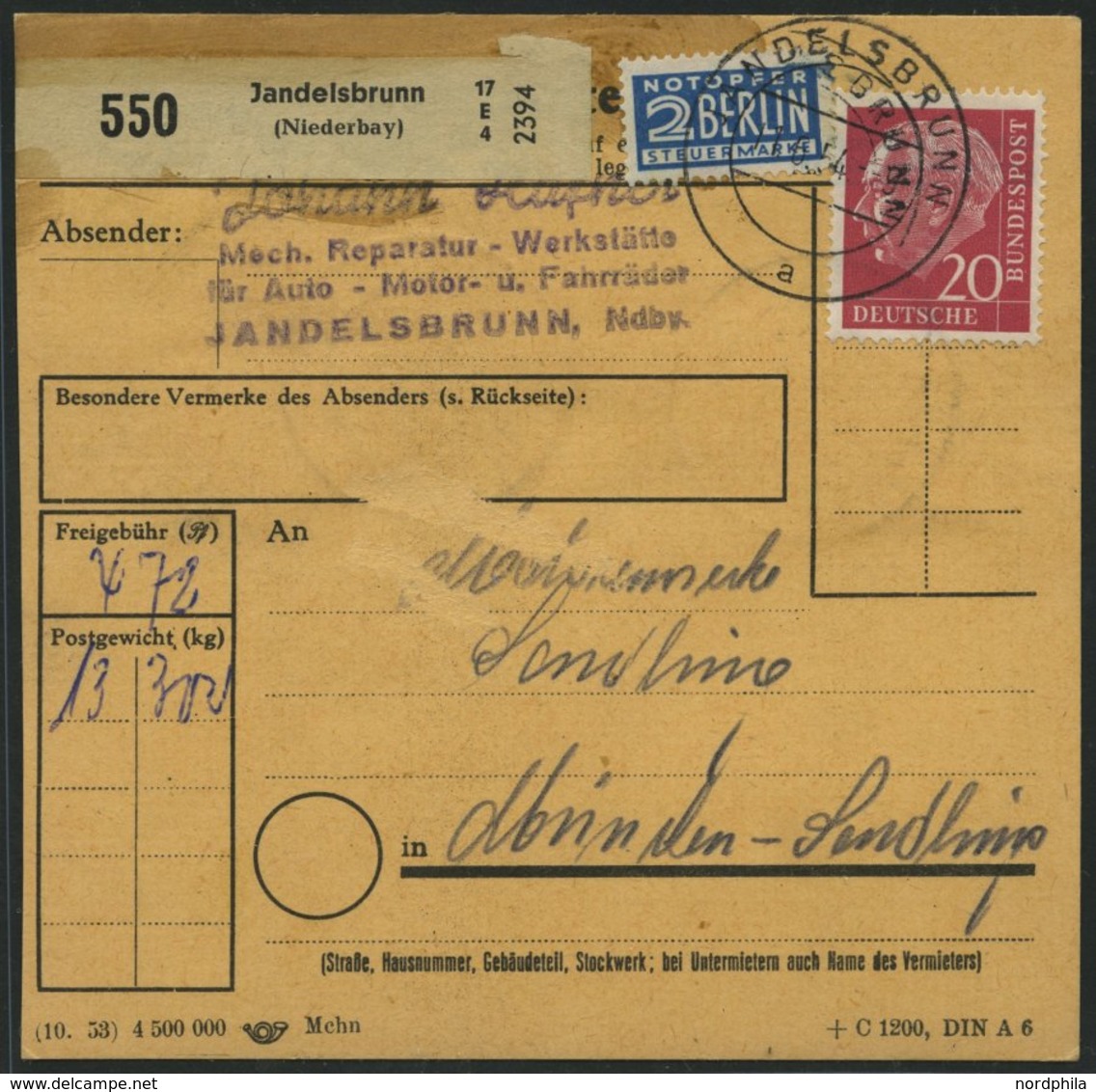 BUNDESREPUBLIK 138 BRIEF, 1954, 90 Pf. Posthorn Im Fünferblock Rückseitig Mit 20 Pf. Zusatzfrankatur Auf Paketkarte Aus  - Usati