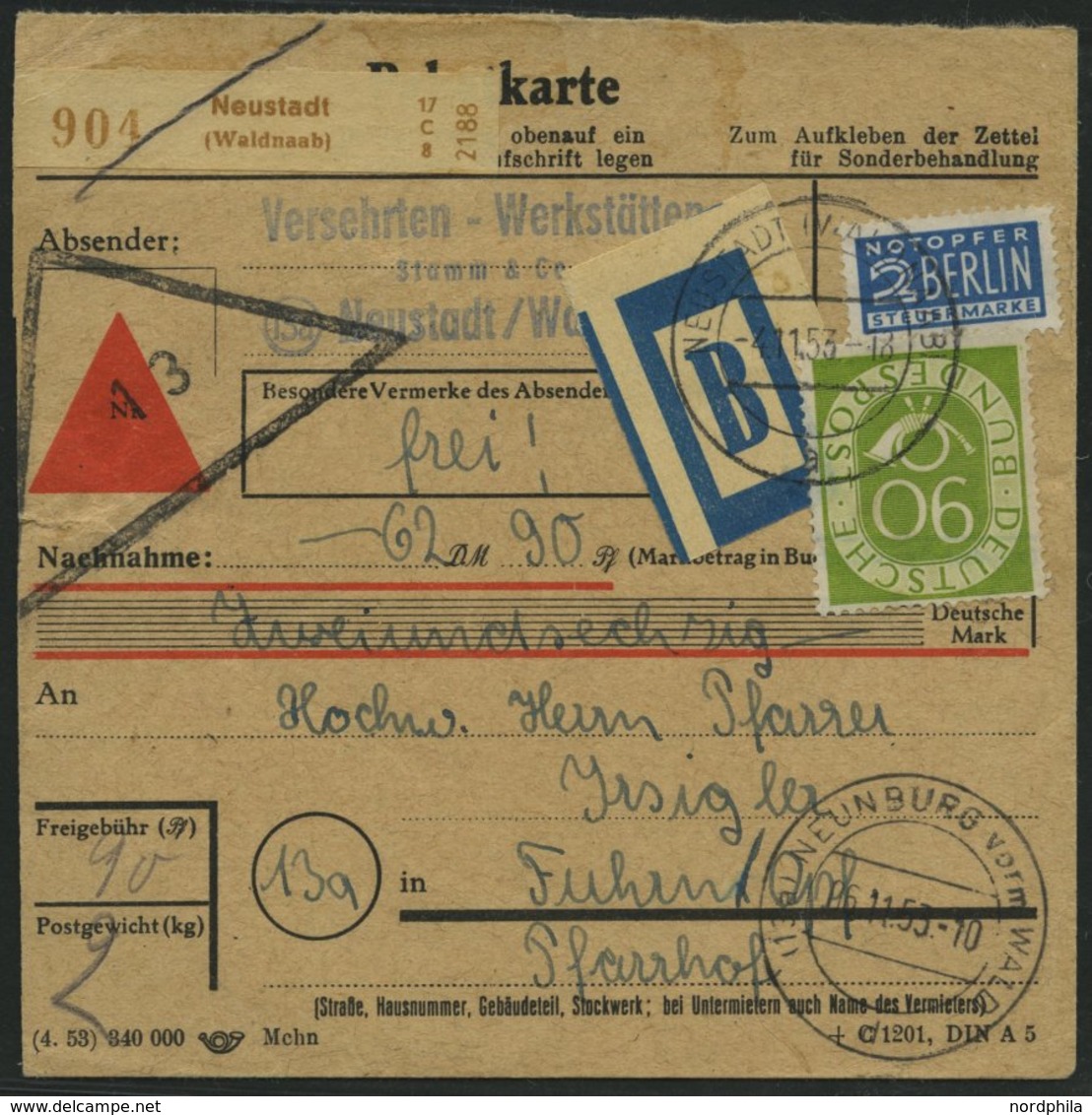 BUNDESREPUBLIK 138 BRIEF, 1953, 90 Pf. Posthorn, Einzelfrankatur Mit Klebezettel Auf Nachnahme-Paketkarte Aus NEUSTADT ( - Usati