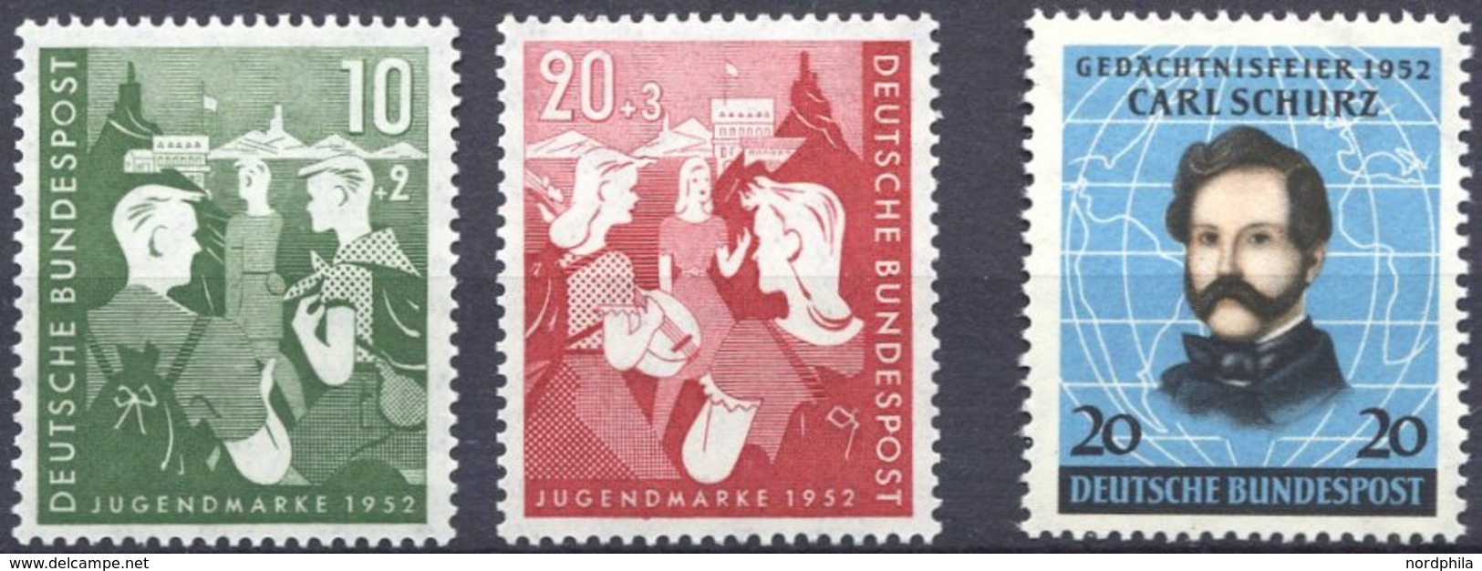 BUNDESREPUBLIK 153/4,155 **, 1952, Bundesjugendplan Und Schurz, 3 Prachtwerte, Mi. 60.- - Gebraucht