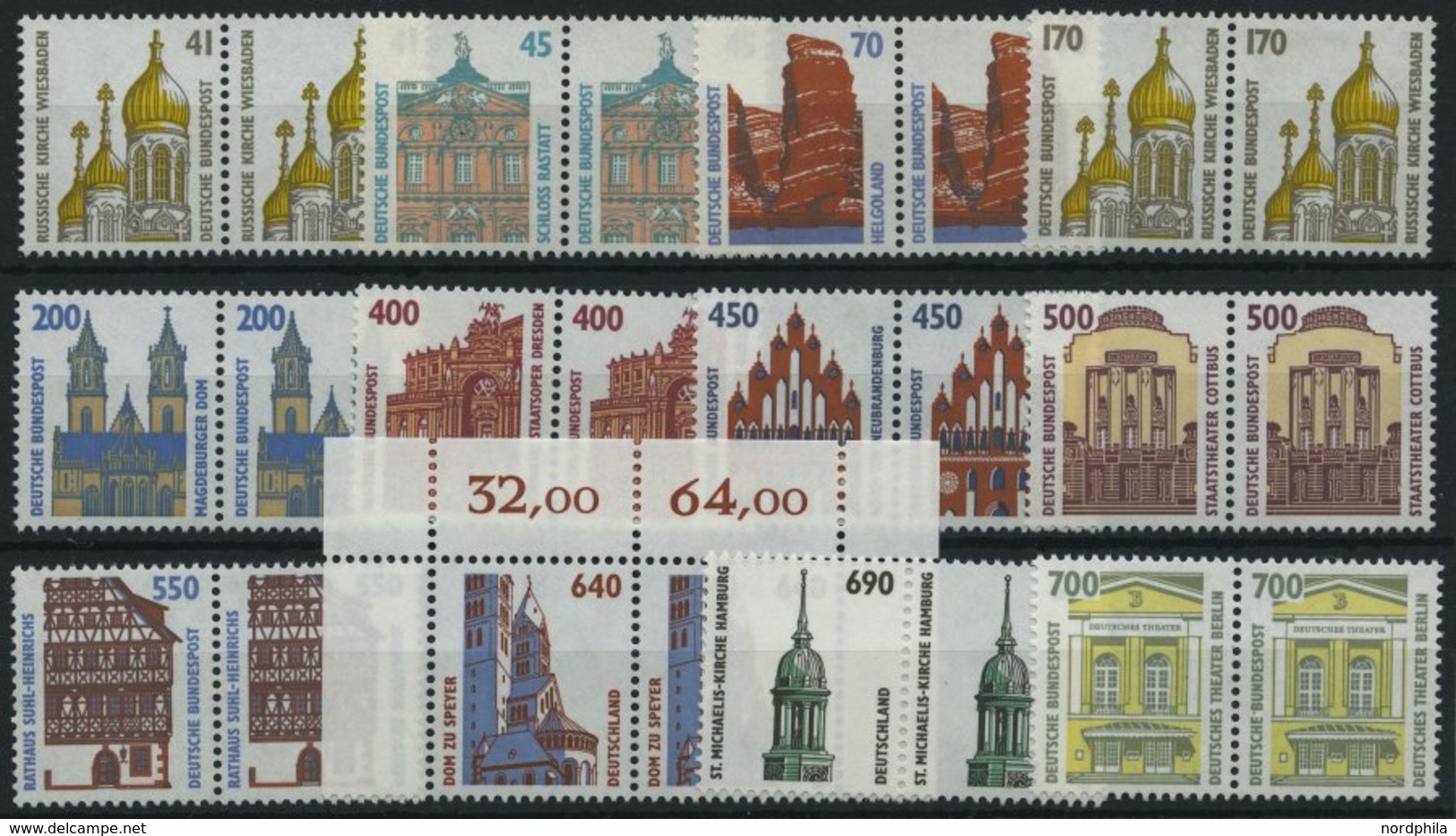 BUNDESREPUBLIK A. 1468-1860 Paar **, 1990-96, Sehenswürdigkeiten In Waagerechten Paaren, Pracht, Mi. 122.- - Gebraucht