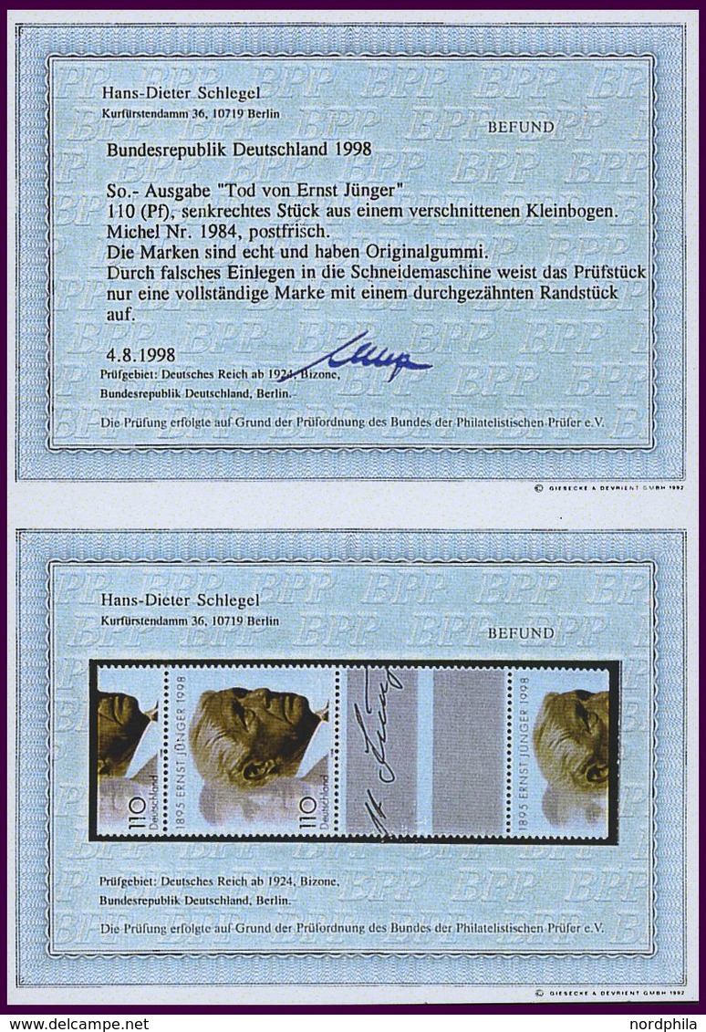 BUNDESREPUBLIK 1984 **, 1998, 110 Pf. Ernst Jünger, Stark Verschnitten Aus Kleinbogen, Pracht, Fotobefundkopie Schlegel - Oblitérés