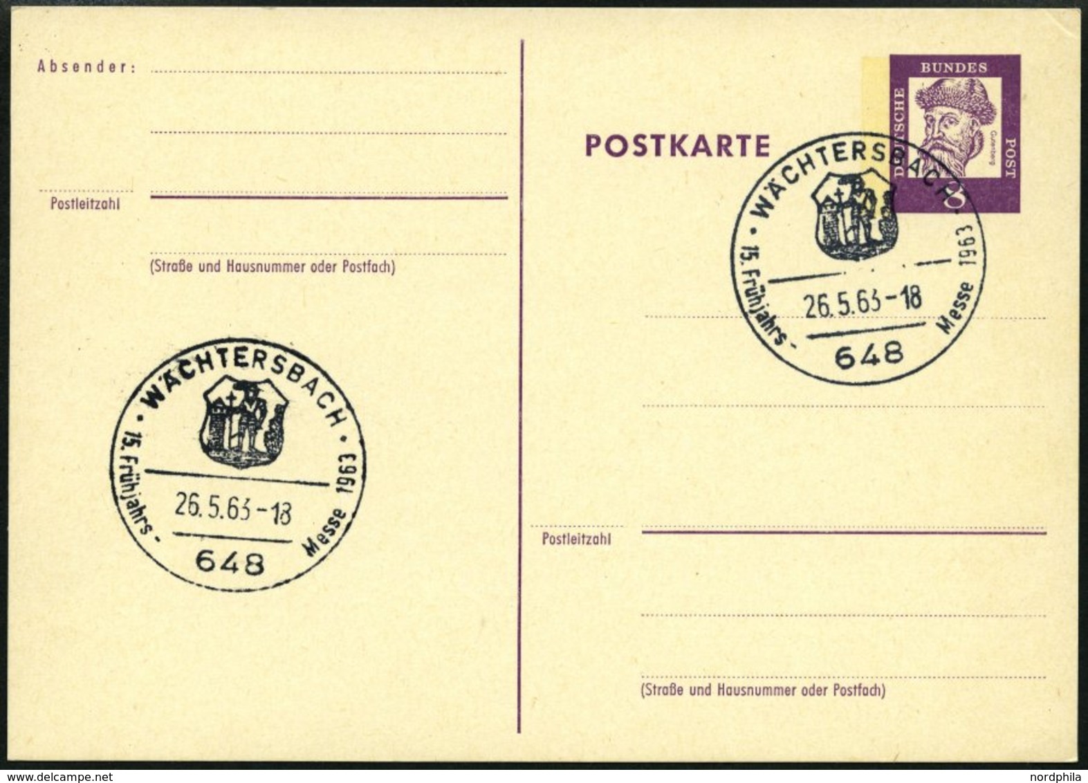 GANZSACHEN P 73 BRIEF, 1962, 8 Pf. Gutenberg, Postkarte In Grotesk-Schrift, Leer Gestempelt Mit Sonderstempel WÄCHTERSBA - Sammlungen