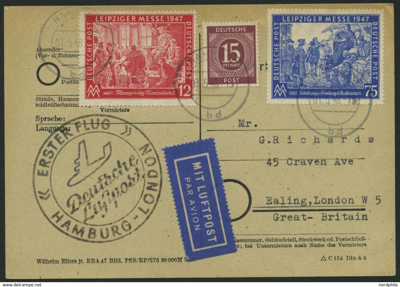 ERST-UND ERÖFFNUNGSFLÜGE 2303 BRIEF, 1.5.48, Hamburg-London, Flugbestätigungsstempel In Schwarz (Gefälligkeitsabstempelu - Briefe U. Dokumente