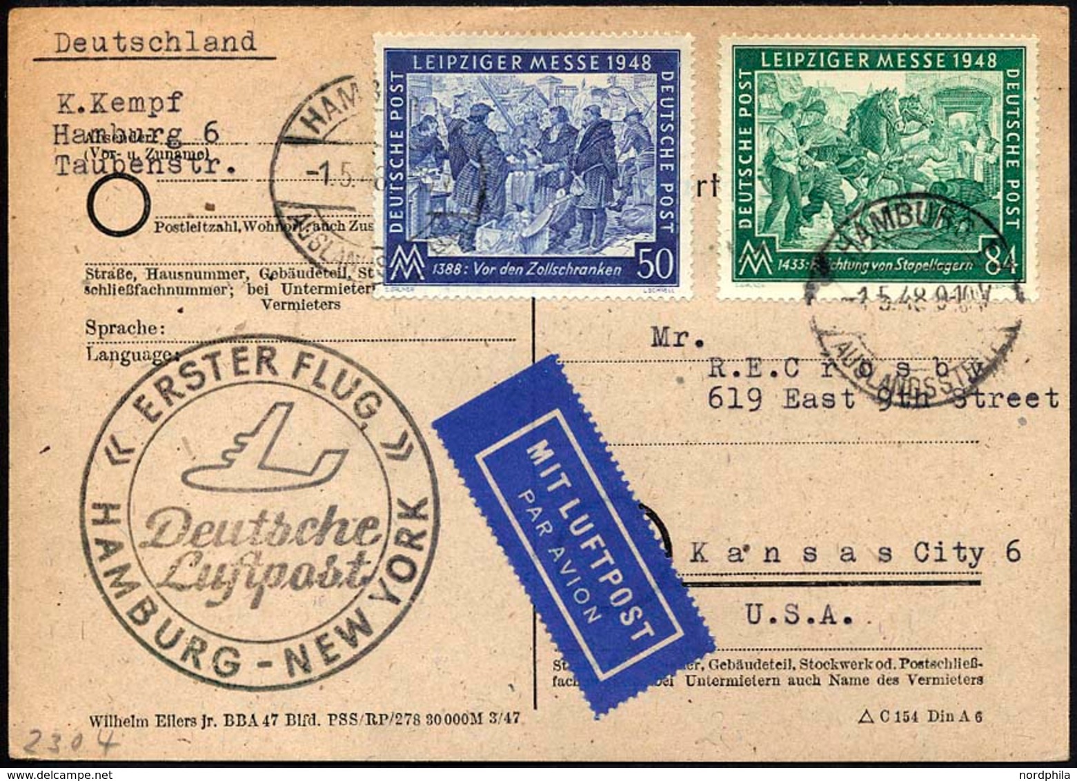 ERST-UND ERÖFFNUNGSFLÜGE 2304 BRIEF, 1.5.48, Hamburg-New York, Flugbestätigungsstempel In Schwarz (Gefälligkeitsabstempe - Lettres & Documents