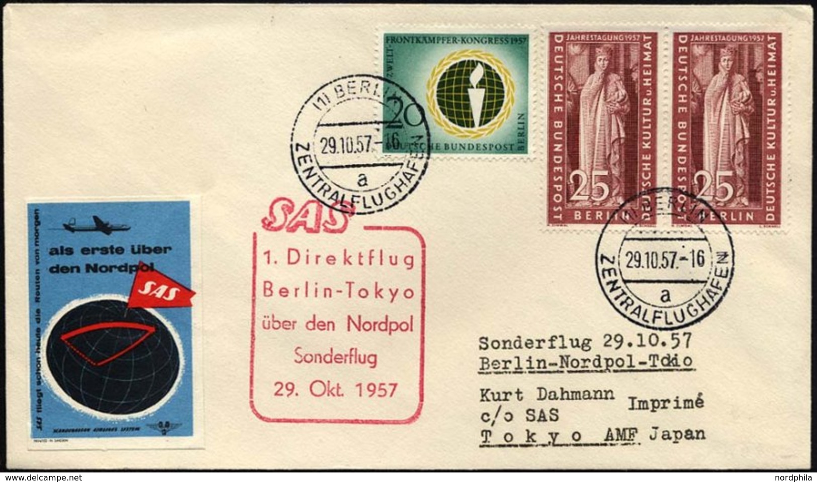 ERST-UND ERÖFFNUNGSFLÜGE 29.10.57, Berlin-Tokyo, 1. Direktflug über Den Nordpol, Prachtbrief - Covers & Documents