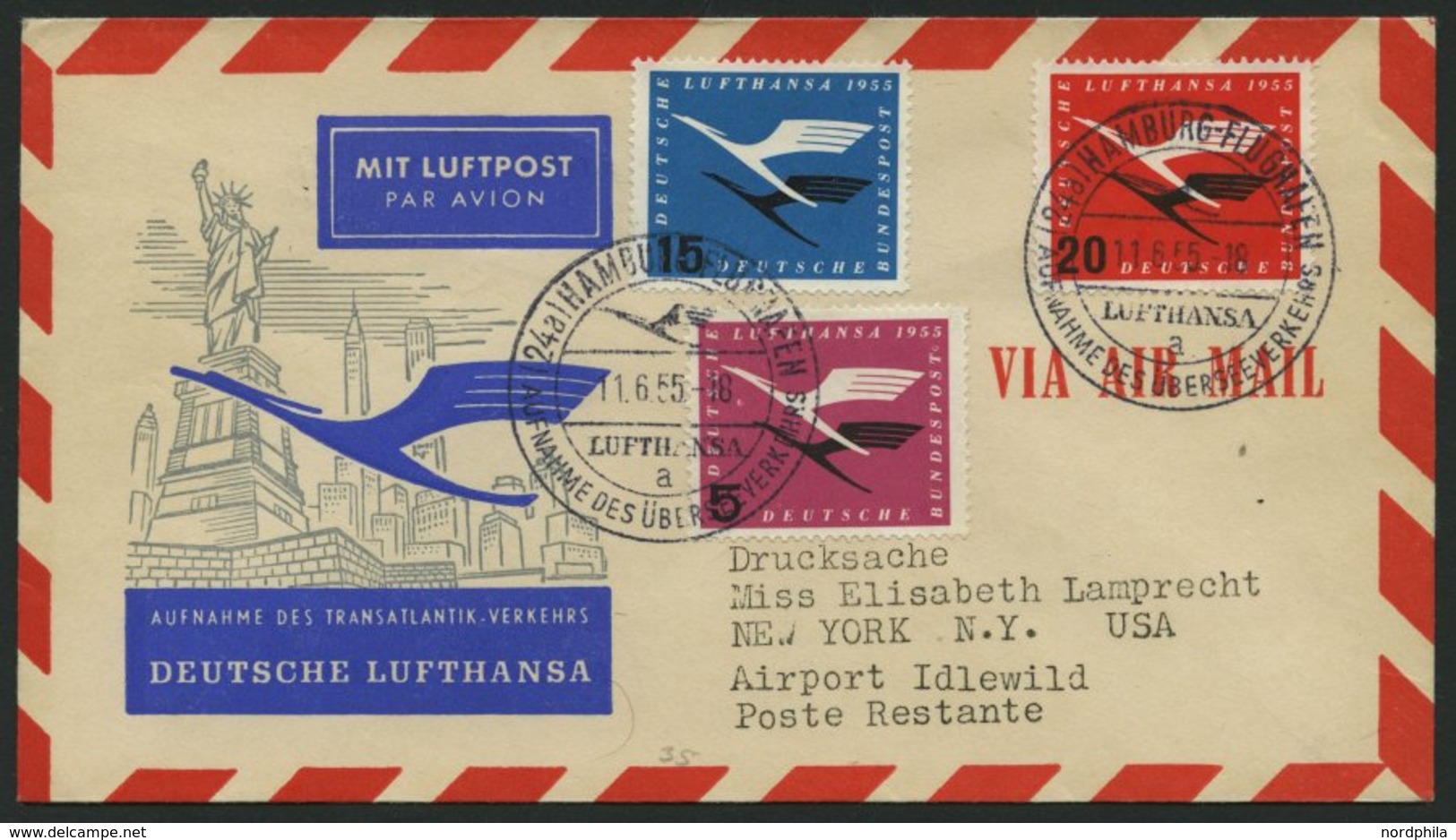 DEUTSCHE LUFTHANSA 40 BRIEF, 11.6.1955, Hamburg-New York, Prachtbrief - Usati