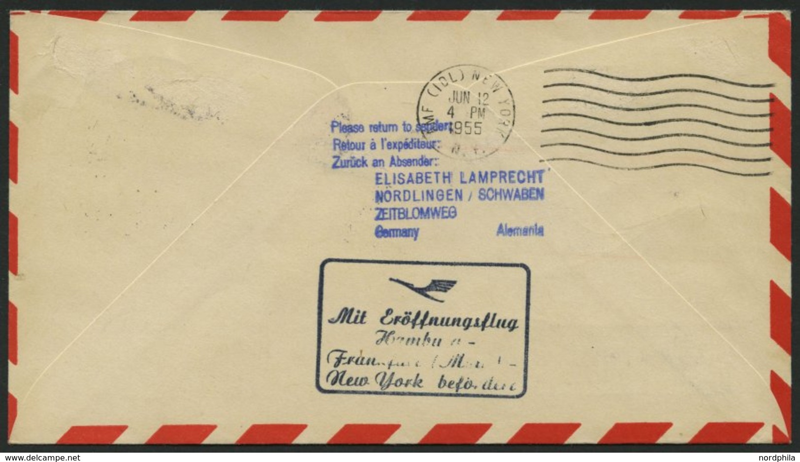 DEUTSCHE LUFTHANSA 40 BRIEF, 11.6.1955, Hamburg-New York, Prachtbrief - Oblitérés