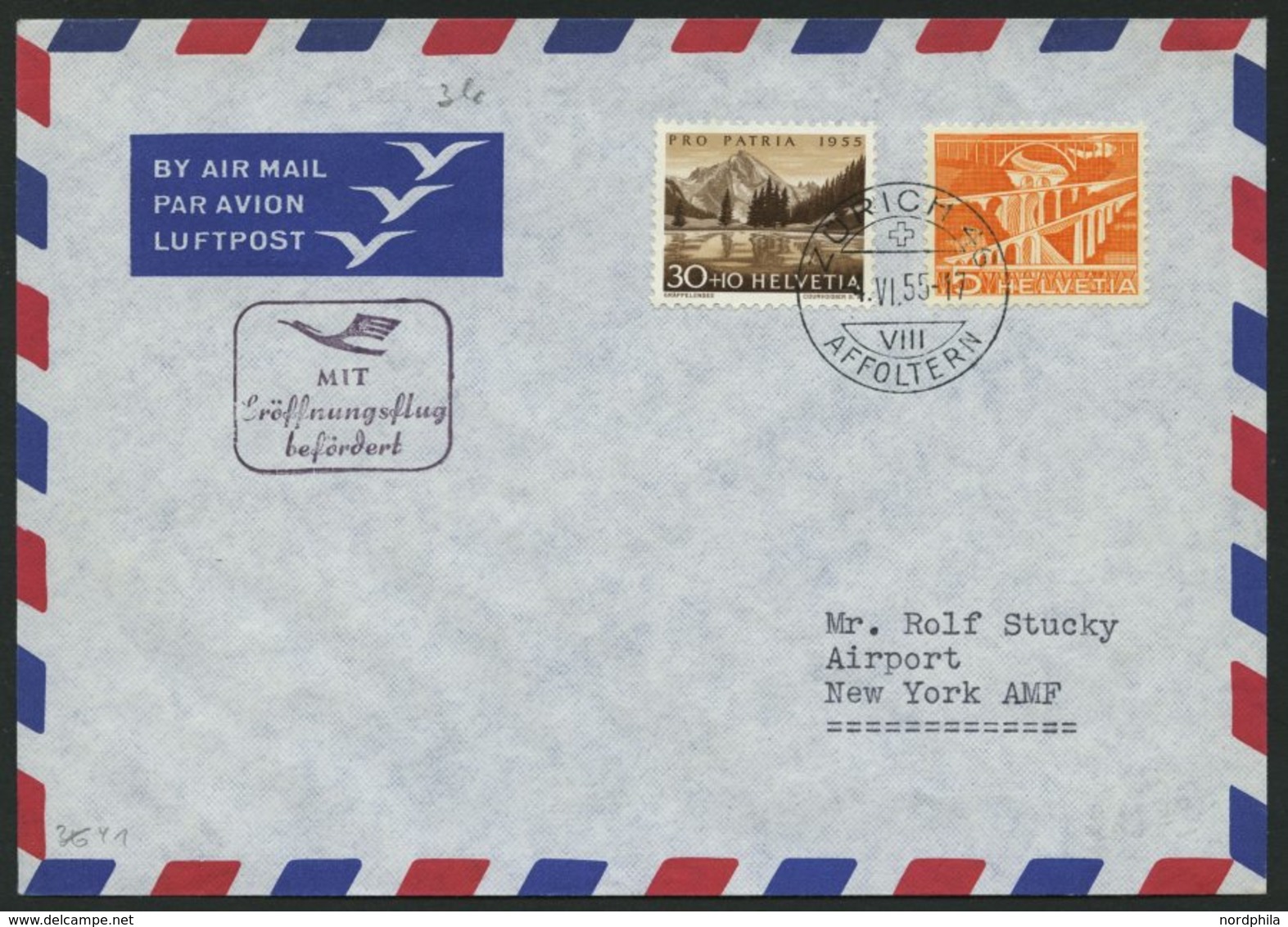 DEUTSCHE LUFTHANSA 41 BRIEF, 11.6.1955, Frankfurt-New York, Brief Aus Der Schweiz, Pracht - Gebraucht