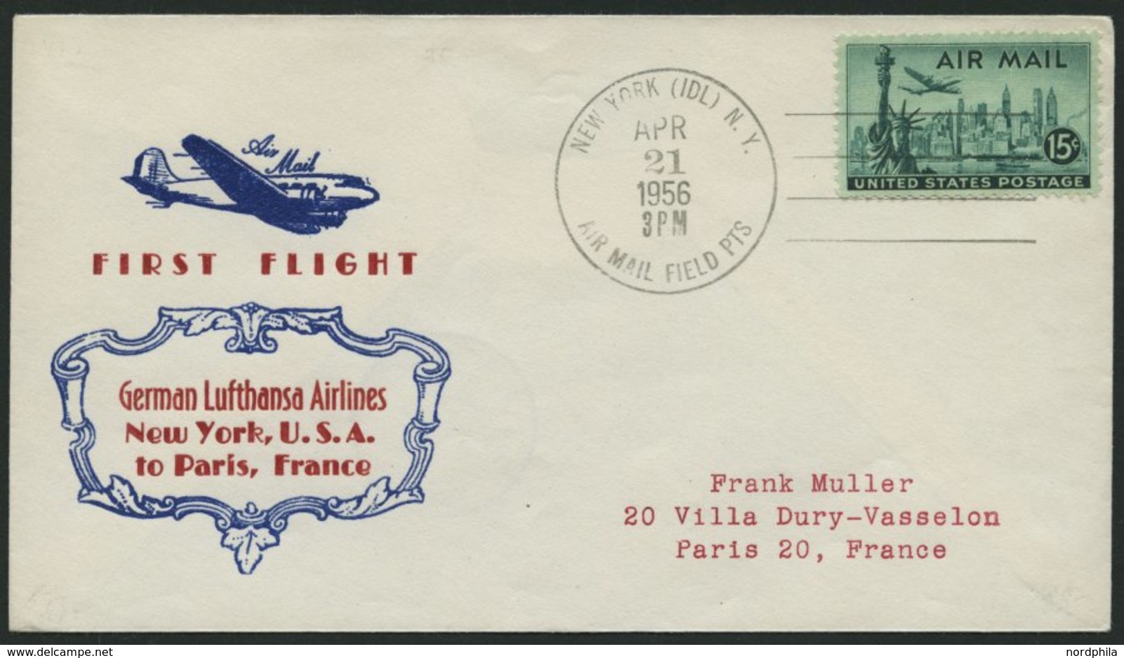 DEUTSCHE LUFTHANSA 60 BRIEF, 23.4.1956, New York-Paris, Prachtbrief - Gebraucht