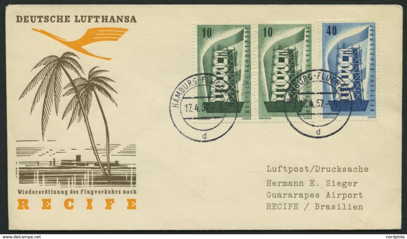 DEUTSCHE LUFTHANSA 146 BRIEF, 15.4.1957, Hamburg-Recife, Prachtbrief - Gebraucht