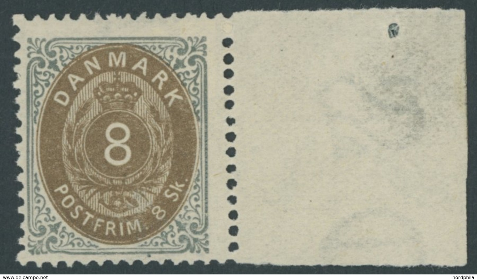 DÄNEMARK 19IA *, 1871, 8 S. Grau/braun Mit Breitem Rechten Rand, Falzrest, Kabinett - Oblitérés