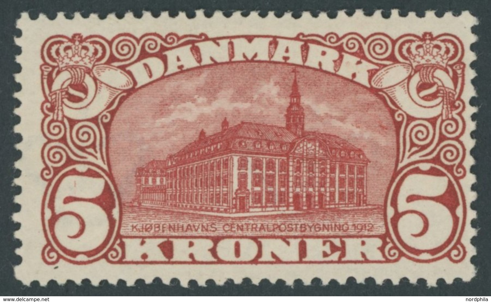 DÄNEMARK 66 *, 1912, 5 Kr. Hauptpost, Wz. 1, Mit Abart KJÖBFNHAVN (Facit 120v2), Falzrest, Pracht, Facit 6000.- Skr. - Usati