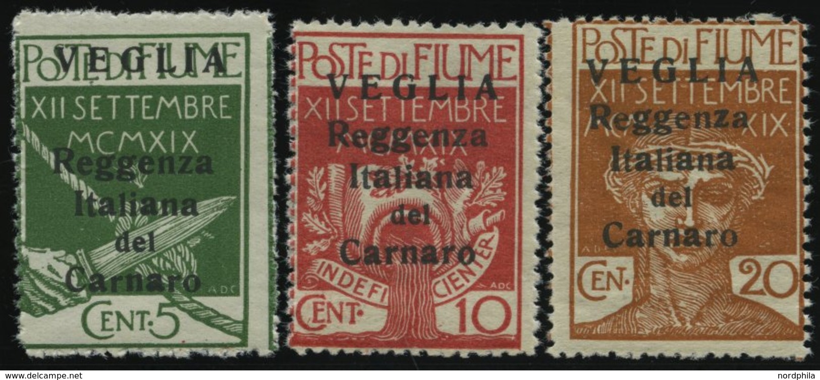 FIUME 28-30II **, Fiumanische Besetzung Der Carnaro-Inseln: 1920, 5 - 20 C. VEGLIA, Kleiner Aufdruck, 3 Werte üblich Gez - Altri - Europa