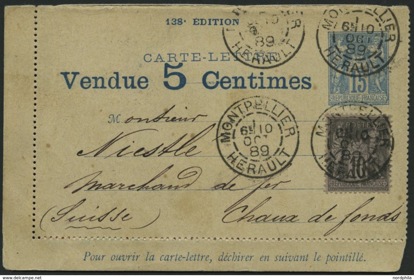 FRANKREICH 72 BRIEF, 1889, 10 C. Schwarz Auf Lila Als Zusatzfrankatur Auf 15 C. Kartenbrief Mit Vollständiger Werteinhei - Altri & Non Classificati