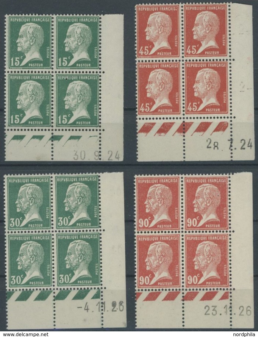 FRANKREICH 154,156,193/4 VB **, 1923-25, 15, 45, 30 Und 90 C. Pasteuer, Je Im Eckrandviererblock Mit Druckdatum, Postfri - Autres & Non Classés