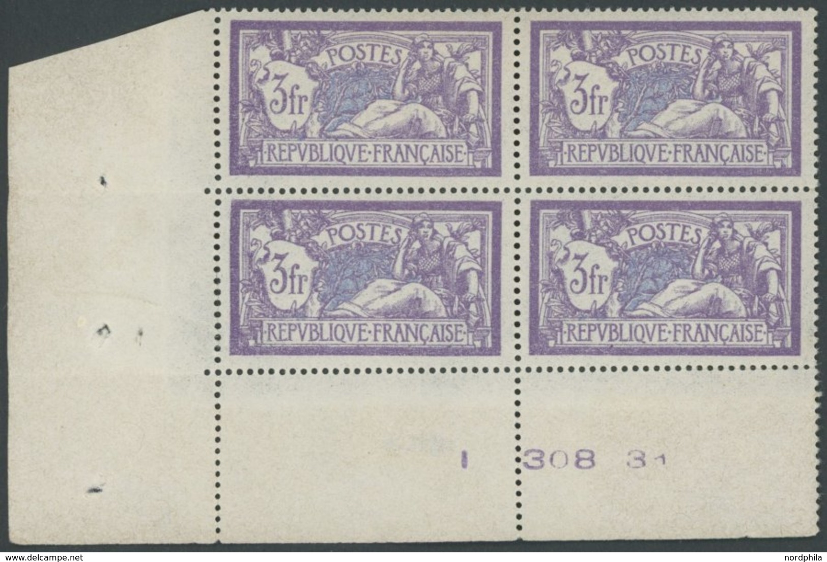 FRANKREICH 181 VB **, 1925, 3 Fr. Violett/blau Allegorie Im Eckrandviererblock Mit Bogennummer, Postfrisch, Pracht, Mi.  - Sonstige & Ohne Zuordnung