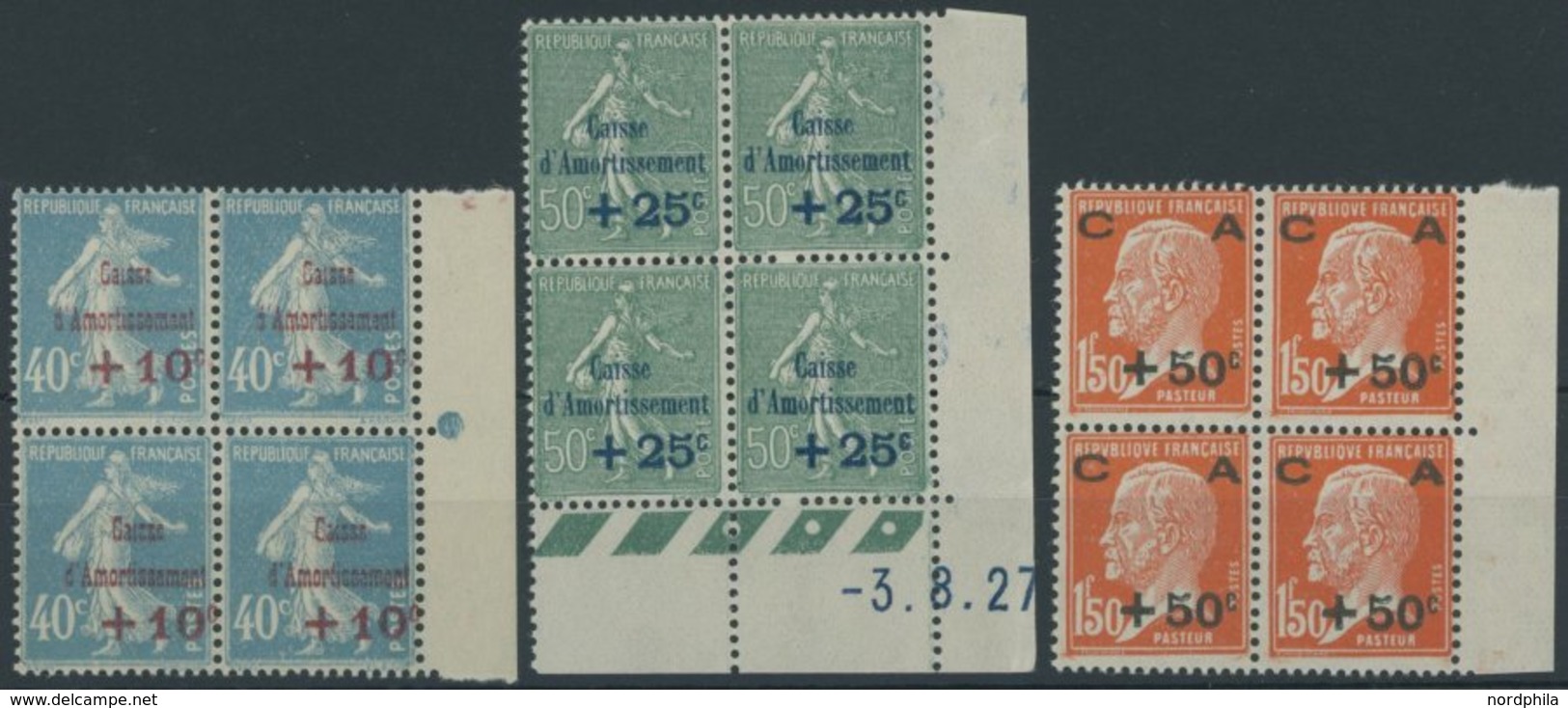 FRANKREICH 226-28 VB **, 1927, Staatsschuldentilgungskasse In Randviererblocks, 50 C. Mit Druckdatum, Postfrischer Prach - Sonstige & Ohne Zuordnung