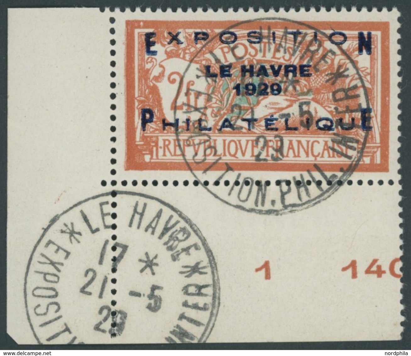 FRANKREICH 239 O, 1929, 2 Fr. Le Havre, Sonderstempel, Linke Untere Bogenecke, Pracht - Altri & Non Classificati