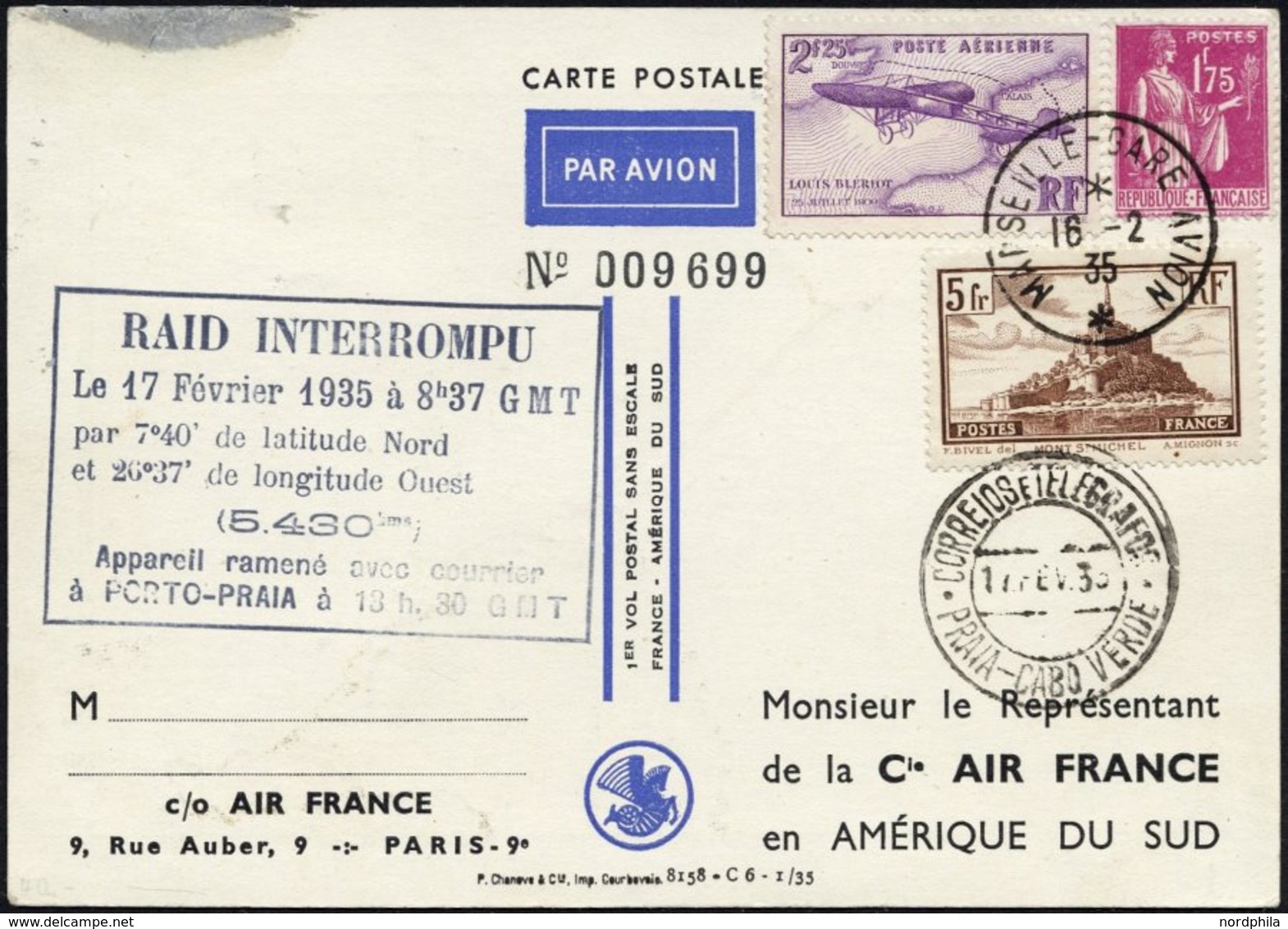 FRANKREICH 240,283,294 BRIEF, 16.12.35, Erstflug Air France MARSEILLE-PORTO PRAIA, Mit Unterbrechungsstempel 17.2.35 7º  - Altri & Non Classificati