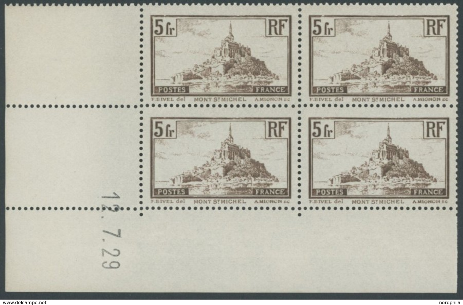 FRANKREICH 240a VB **, 1930, 5 Fr. Dunkelbraun Mont-Saint-Michel Im Eckrandviererblock Mit Druckdatum, Postfrisch, Prach - Autres & Non Classés