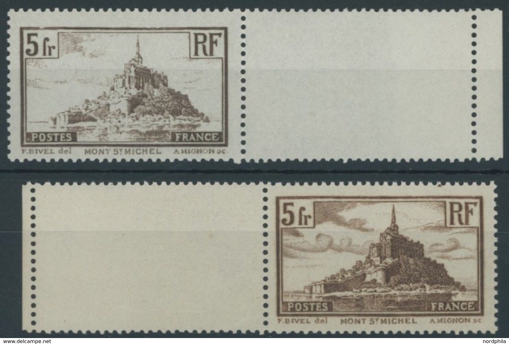 FRANKREICH 240a,b **, 1929, 5 Fr. Mont-Saint-Michel, Beide Farben, Je Mit Anhängendem Leerfeld, Postfrisch, 2 Prachtwert - Other & Unclassified