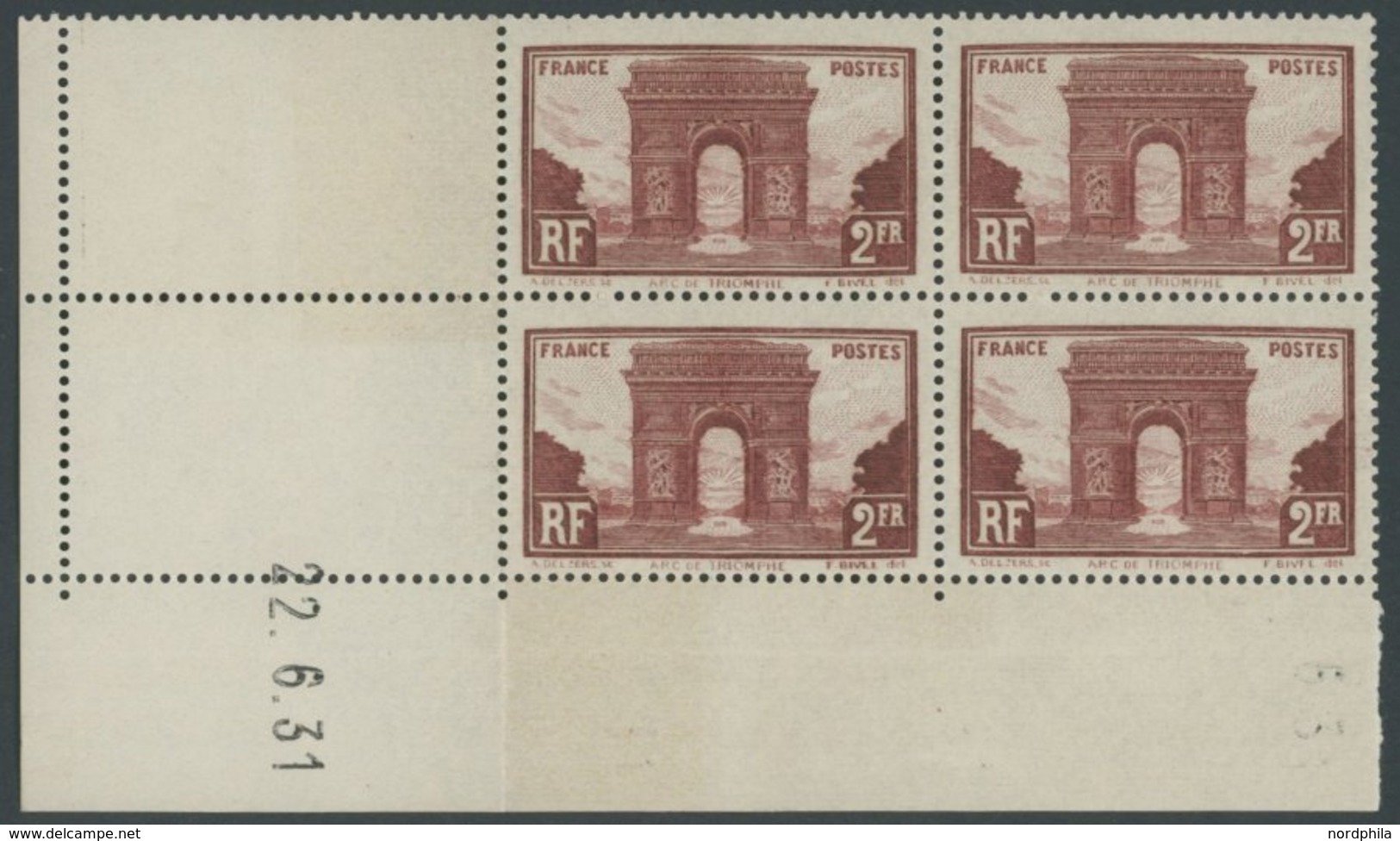 FRANKREICH 263 VB **, 1931, 2 Fr. Triumphbogen Im Eckrandviererblock Mit Druckdatum Und Zwei Leerfeldern, Postfrisch, Pr - Autres & Non Classés