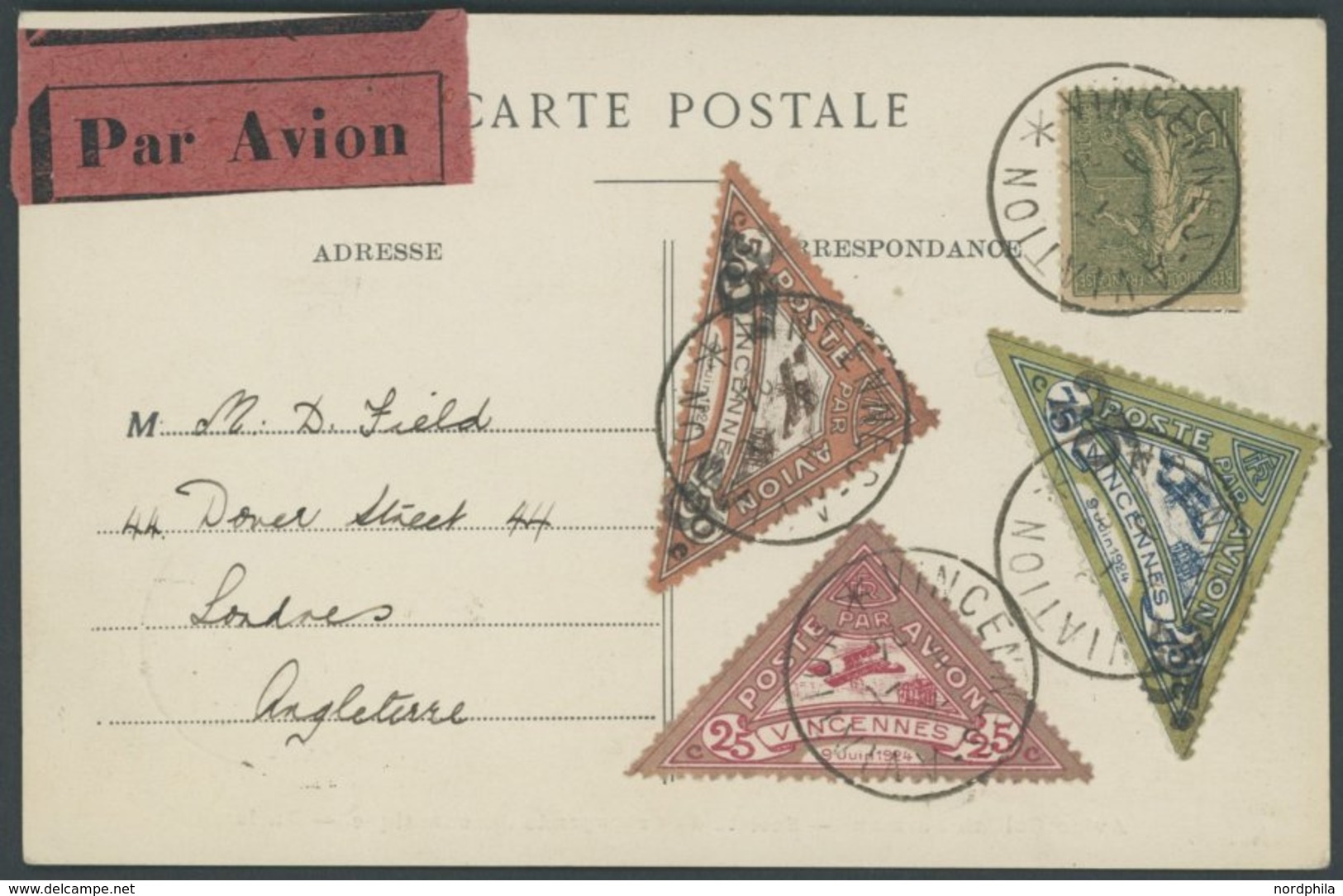 FRANKREICH 1924, Vincennes Flugmeeting, Ansichtskarte Mit Flugpost-Vignetten 25 C. (ohne) Und 50 Und 75 C. Mit Aufdruck  - Sonstige & Ohne Zuordnung