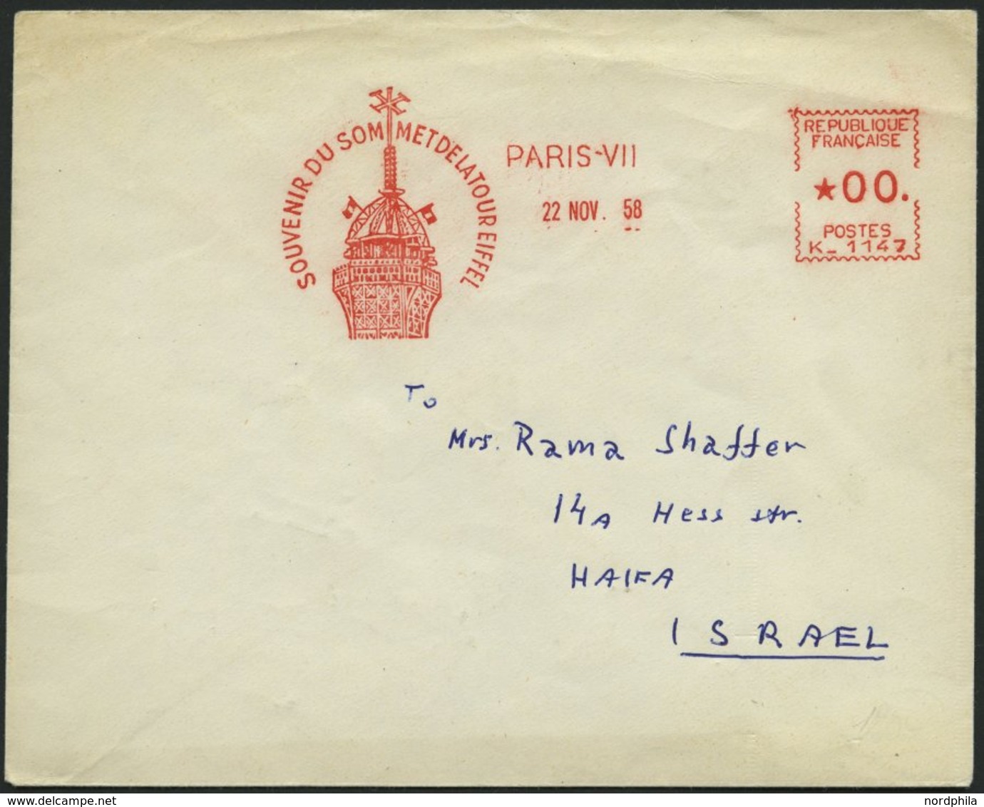 FRANKREICH 1958, Roter Maschinenstempel SOUVENIR DU SOMMET DE LA TOUR EIFFEL Mit *00. Auf Brief Von PARIS Nach Israel, L - Sonstige & Ohne Zuordnung