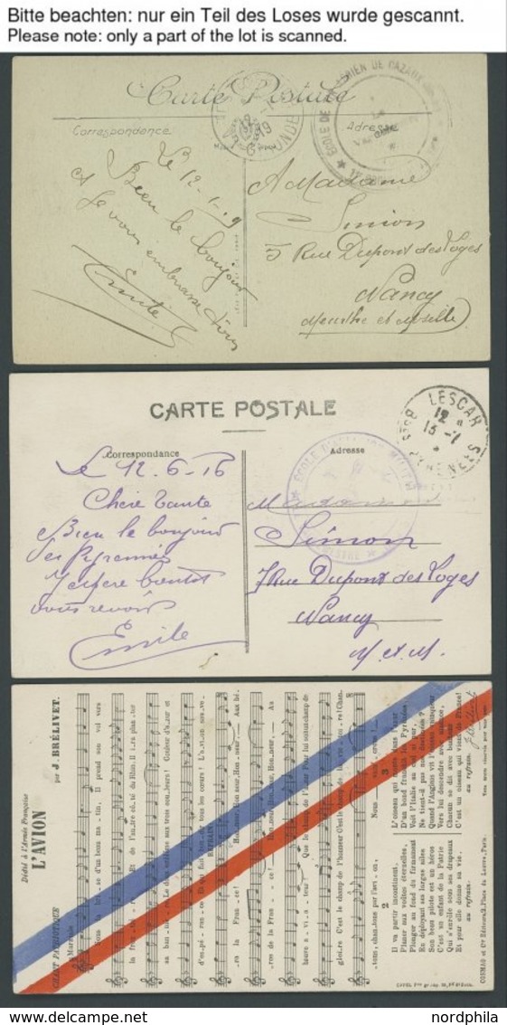 FRANKREICH FELDPOST 1915/22, 9 Feldpostkarten Mit Diversen Formationsstempeln, Dazu Fliegerliedkarte L`Avion Sowie Flugt - 1. Weltkrieg 1914-1918