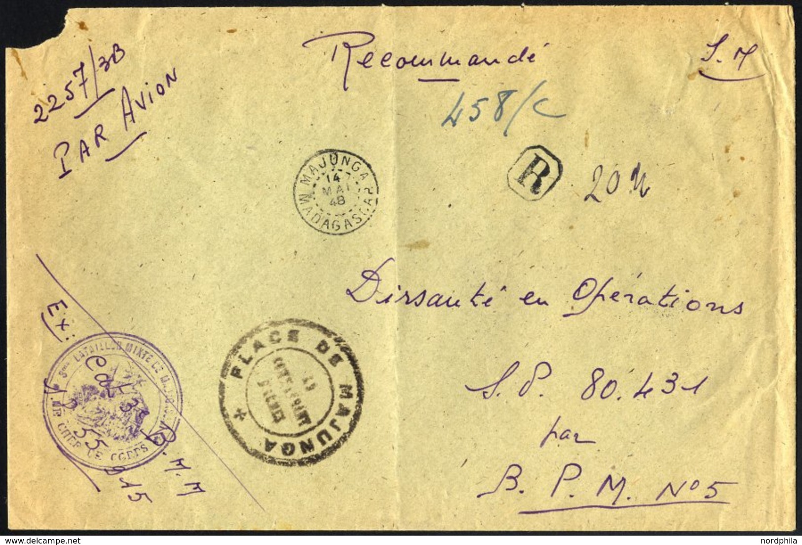 FRANKREICH FELDPOST 1948, K2 3. BATAILLON MIXTE DE MADAGASKAR Auf Eingeschriebenem Luftpost-Militär-Dienstbrief Aus Maju - Military Postmarks From 1900 (out Of Wars Periods)