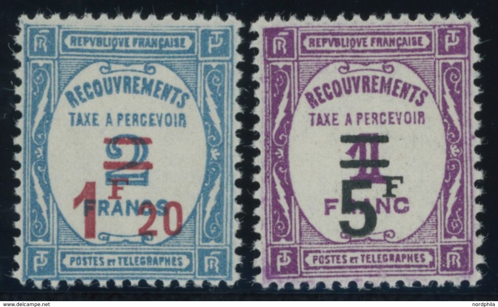 PORTOMARKEN P 62/3 **, 1929, 1.20 Fr. Auf 2 Fr. Hellblau Und 5 Fr. Auf 1 Fr. Violett, Postfrisch, Pracht, Mi. 190.- - Postage Due