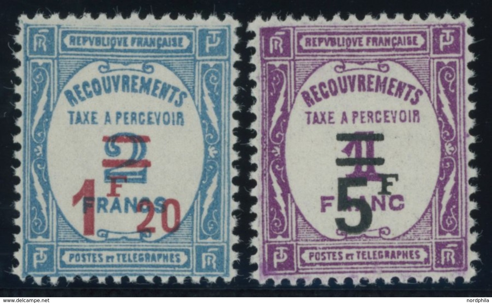 PORTOMARKEN P 62/3 **, 1929, 1.20 Fr. Auf 2 Fr. Hellblau Und 5 Fr. Auf 1 Fr. Violett, Postfrisch, Pracht, Mi. 190.- - Segnatasse
