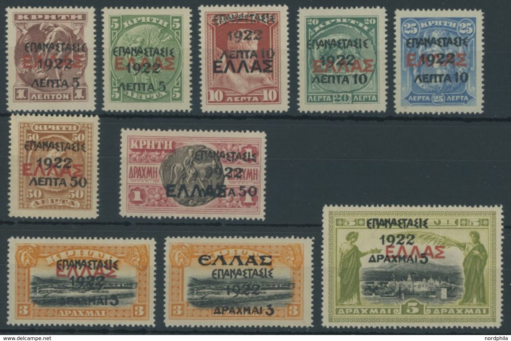 GRIECHENLAND 270-79 **, 1923, Freimarken Von Kreta Mit Aufdruck, 5 Dr. Leichte Rückseitige Anhaftung Sonst Postfrischer  - Autres & Non Classés