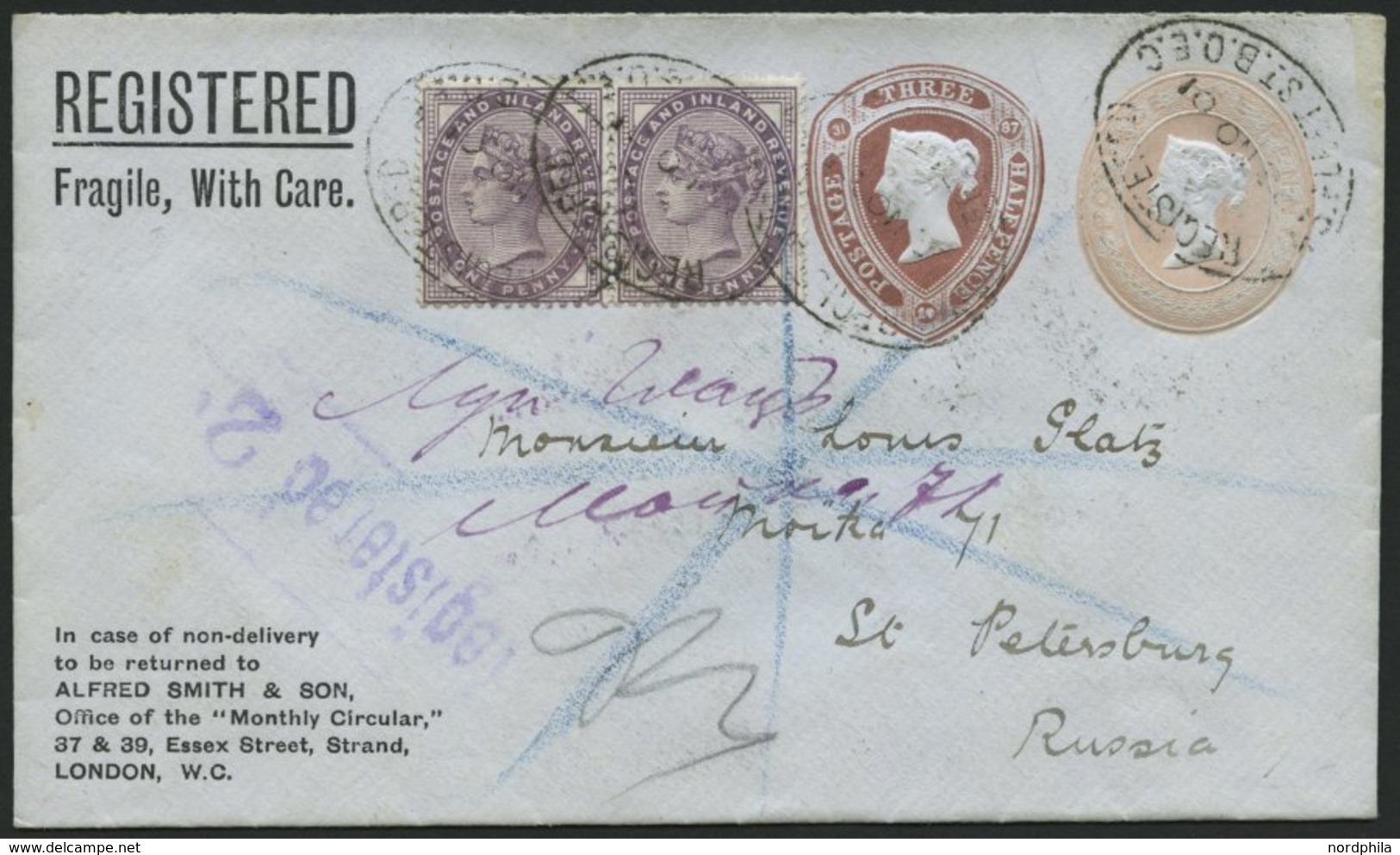 GROSSBRITANNIEN 65 BRIEF, 1901, 1 P. Königin Victoria Im Paar Auf Privatganzsache 3 P. Braun Neben 1 P. Rosa, R-Umschlag - Other & Unclassified